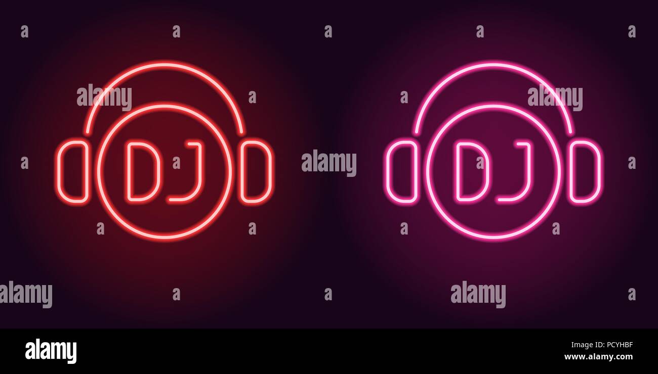 Neon DJ sign in Rot und Rosa Farbe. Vector Illustration von DJ-Symbol oder Label mit Kopfhörern in leuchtenden neon Stil. Grafisches Element für die Dekoration von N Stock Vektor
