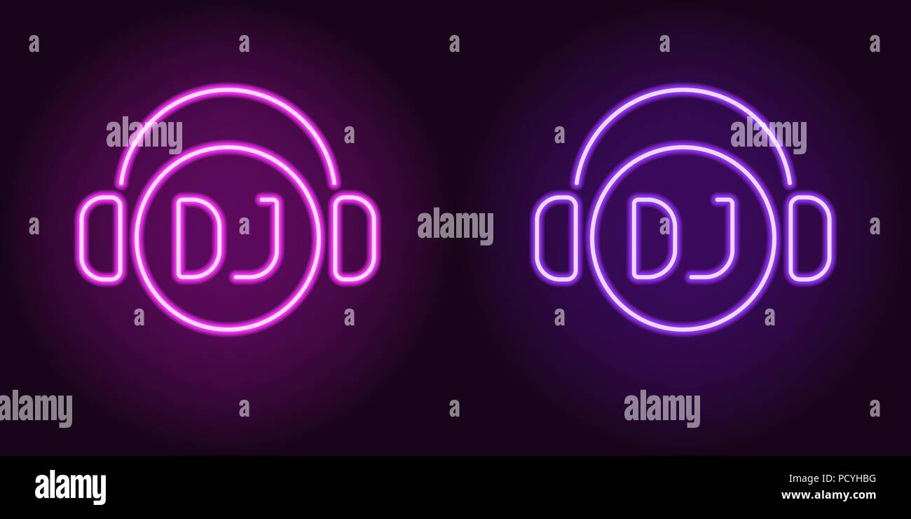 Neon DJ sign in Lila und Violett. Vector Illustration von DJ-Symbol oder Label mit Kopfhörern in leuchtenden neon Stil. Grafisches Element für die Dekoration Stock Vektor