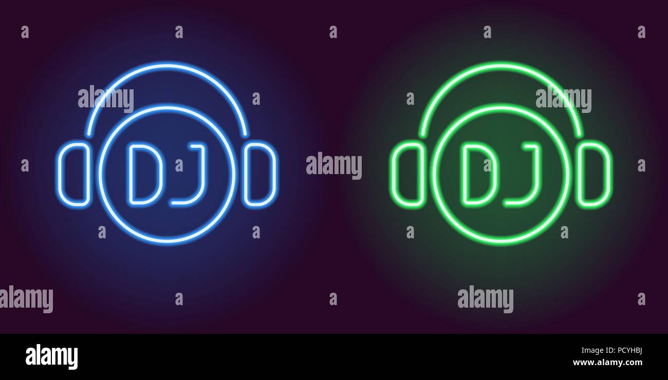 Neon DJ Zeichen in Blau und Grün. Vector Illustration von DJ-Symbol oder Label mit Kopfhörern in leuchtenden neon Stil. Grafisches Element für die Dekoration von Stock Vektor