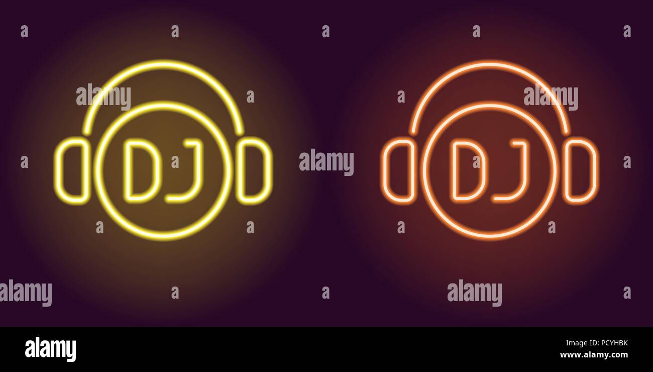 Neon DJ sign in Gelb und Orange. Vector Illustration von DJ-Symbol oder Label mit Kopfhörern in leuchtenden neon Stil. Grafisches Element für die Dekoration Stock Vektor