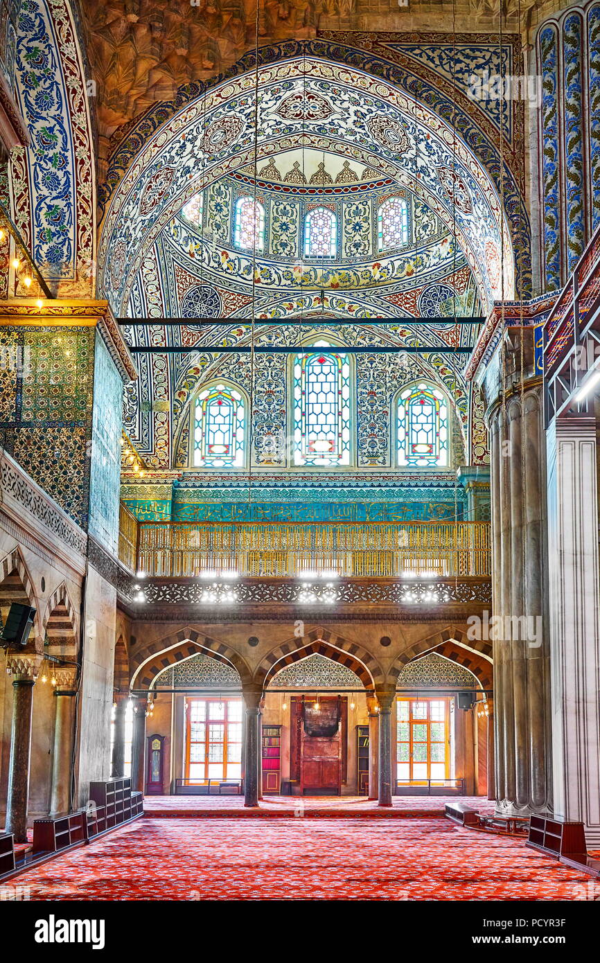 Blaue Moschee Innenraum, Sultan Ahmed Moschee, UNESCO-Weltkulturerbe, Istanbul, Türkei Stockfoto