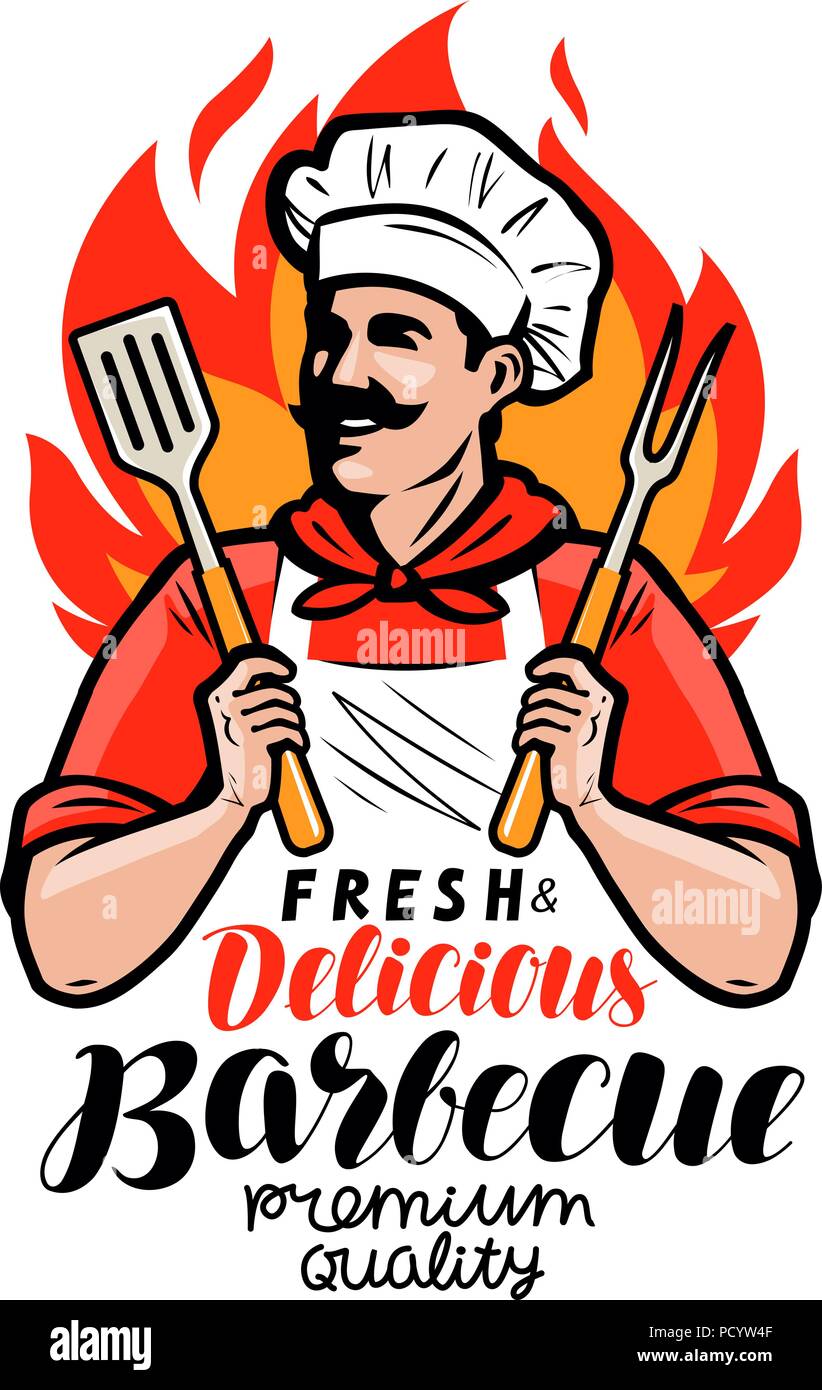 Grill Logo oder Label. Gerne kochen oder Kochen mit einem Grill Werkzeuge Spachtel und Gabel. Schriftzug Vector Illustration Stock Vektor