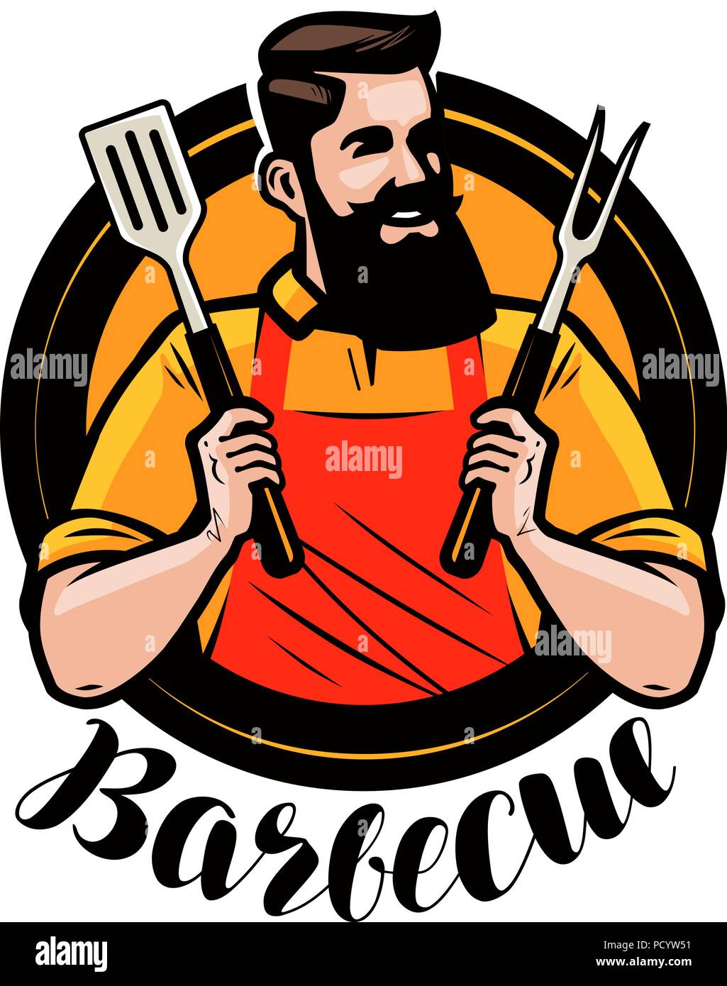 BBQ, barbecue Logo oder Label. Koch oder Köchin gerne mit einem Grill Werkzeuge Spachtel und Gabel. Cartoon Vector Illustration Stock Vektor