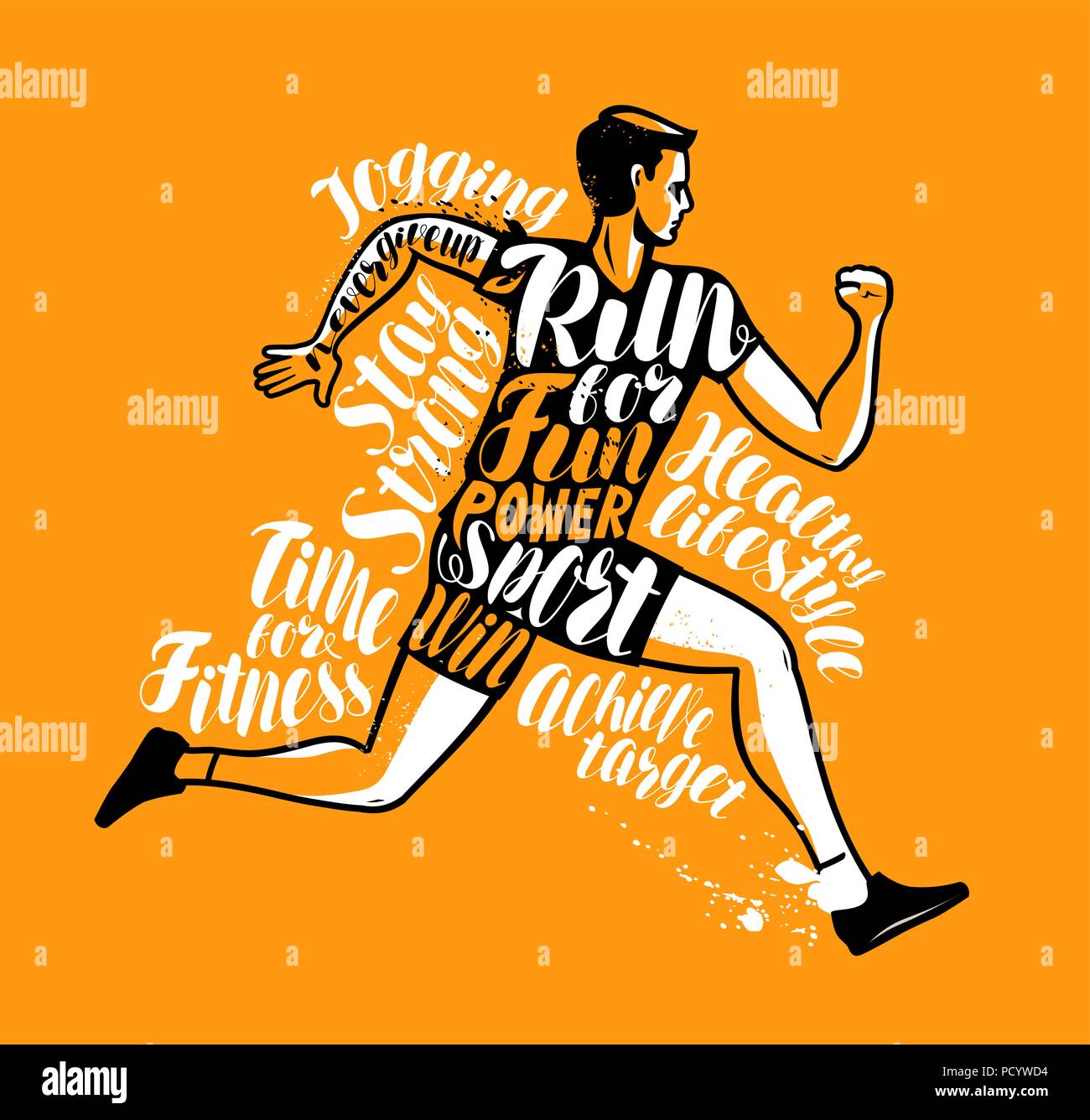 Laufender Mann oder Sportler. Sport, Fitness Poster. Typografische Gestaltung, Vector Illustration Stock Vektor