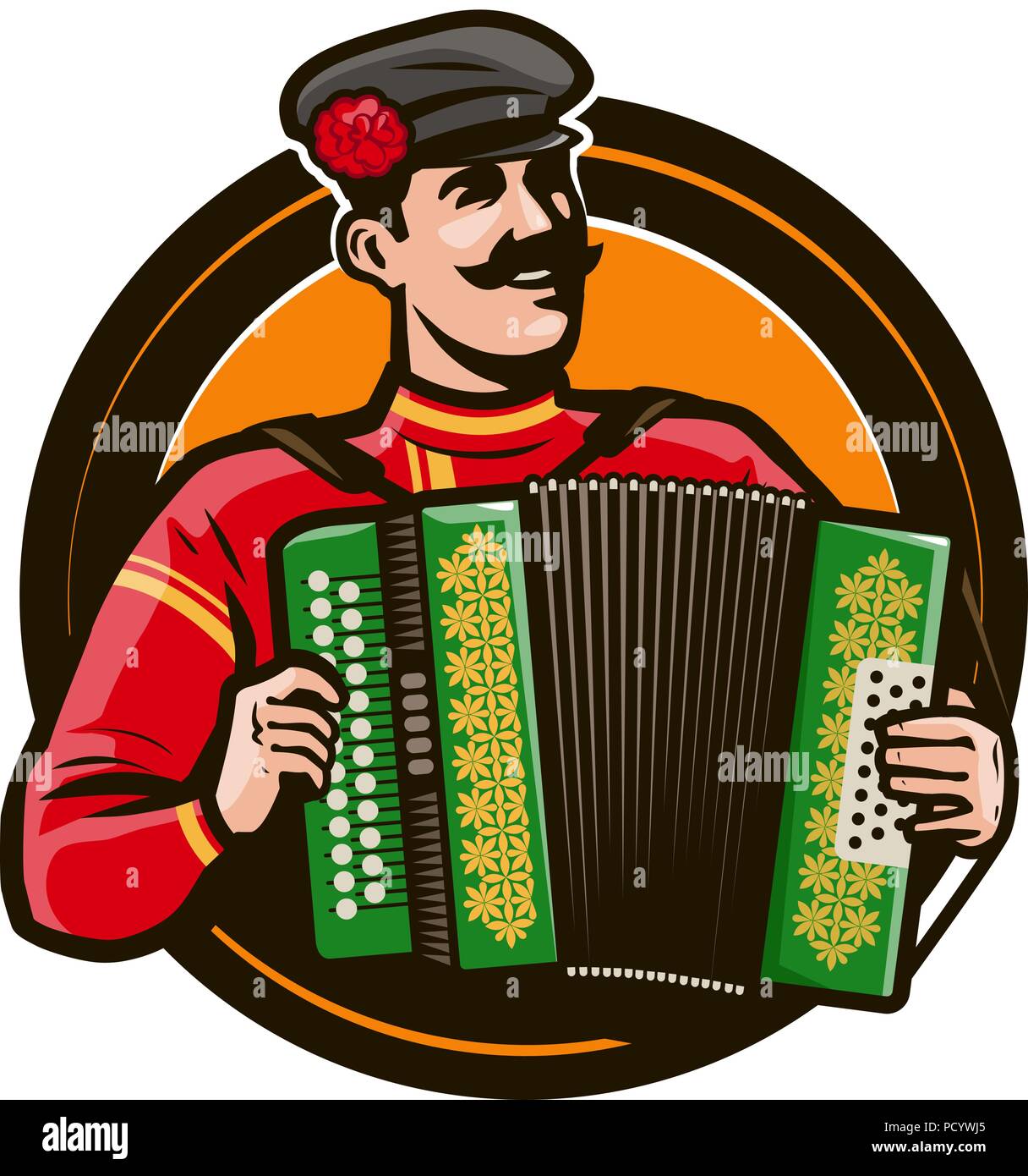 Gerne Akkordeon spieler in den nationalen Kostüm spielen ein Musikinstrument. Russische Folklore, Musik Konzept. Cartoon Vector Illustration Stock Vektor