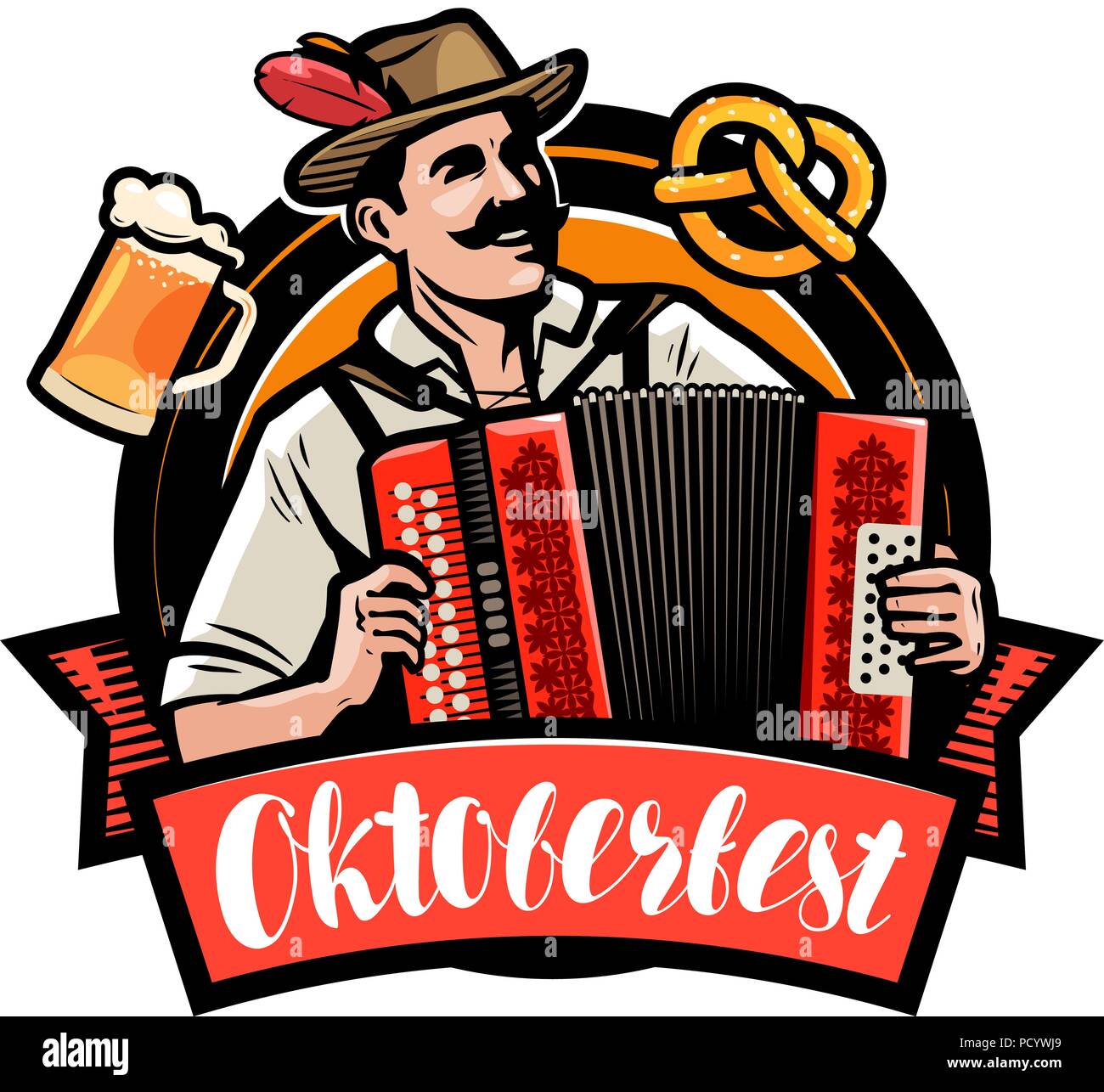 Oktoberfest, Bierfest. Glückliche Menschen spielen auf dem Akkordeon. Cartoon Vector Illustration Stock Vektor