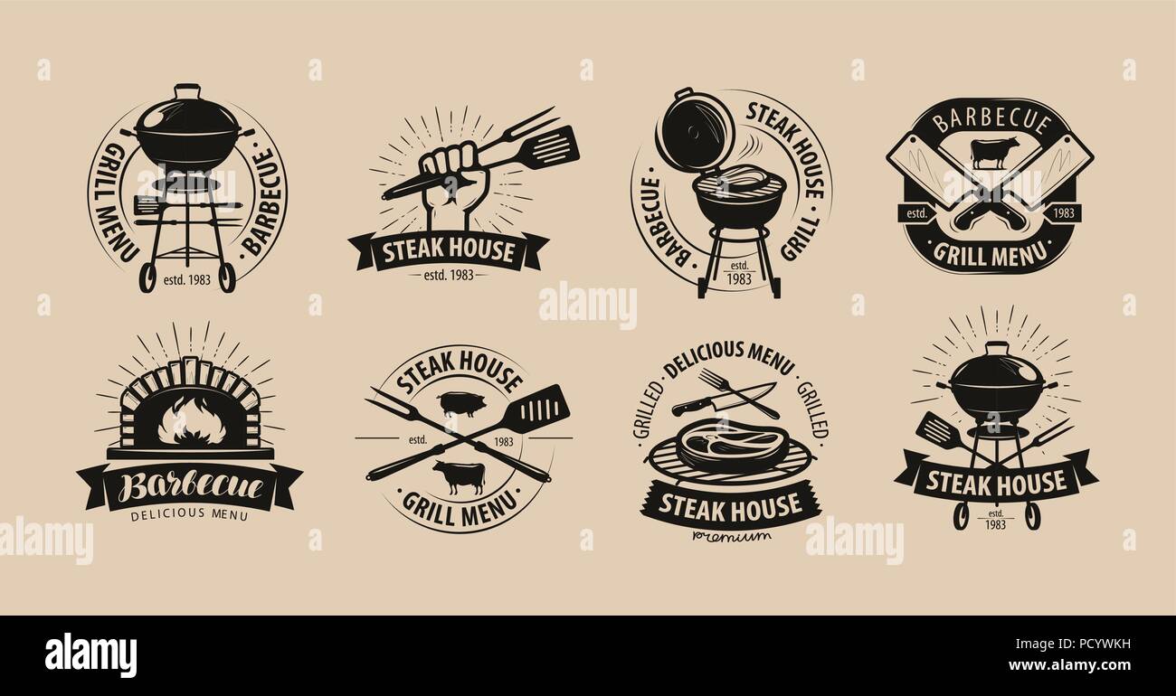 BBQ, Barbecue, Grill, Logos oder Symbole. Etiketten für die Speisekarte vom Restaurant oder Cafe. Vector Illustration Stock Vektor
