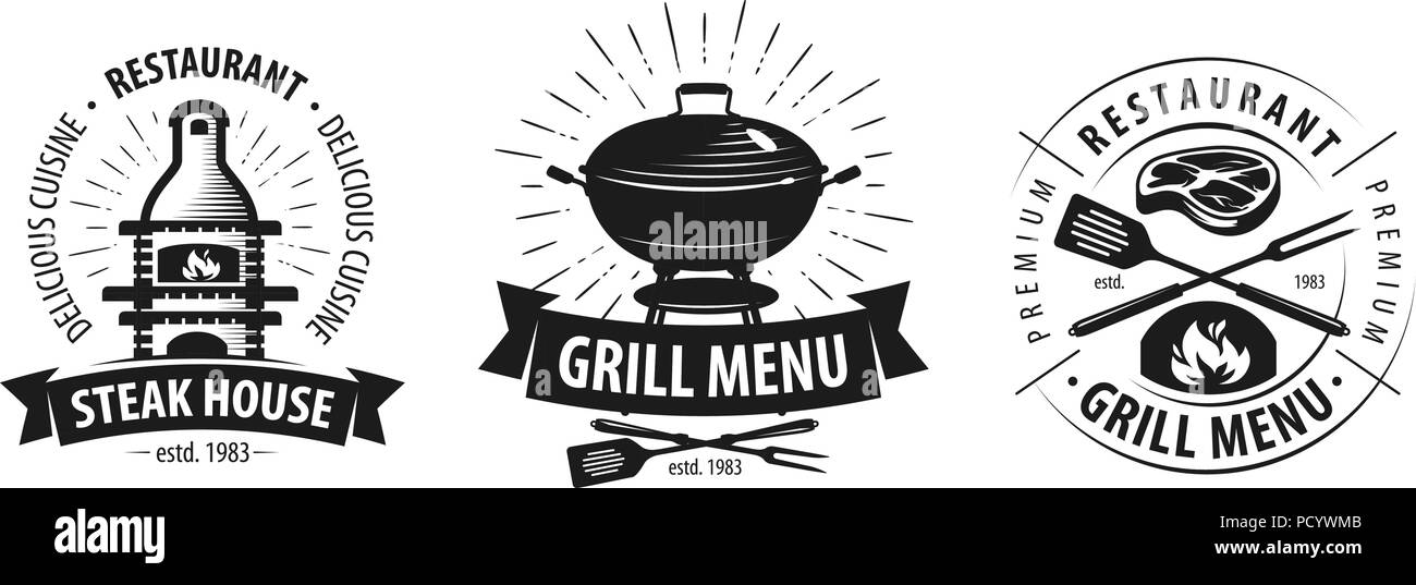 Grill, Grill Logo oder Label. BBQ, Kebab Emblem. Vector Illustration Stock Vektor