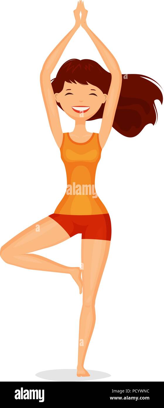 Süße Mädchen stehen in Baum darstellen. Meditation, Yoga Konzept. Cartoon Vector Illustration Stock Vektor