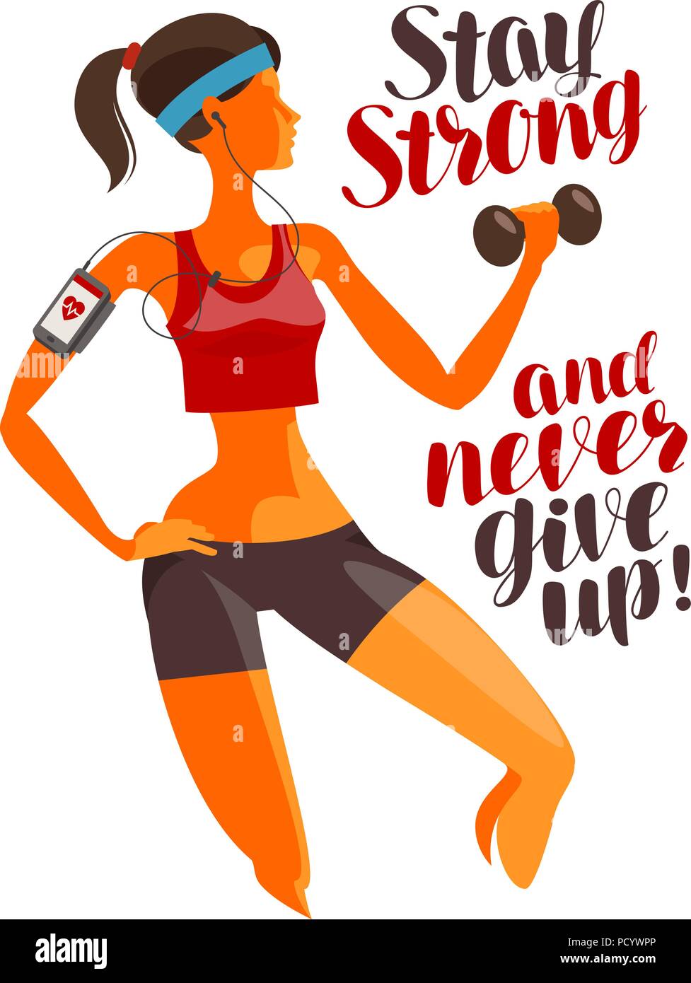 Fitness, Gymnastik, Sport Konzept. Bleiben Sie stark und niemals aufzugeben, motivierenden Zitat. Vector Illustration Stock Vektor