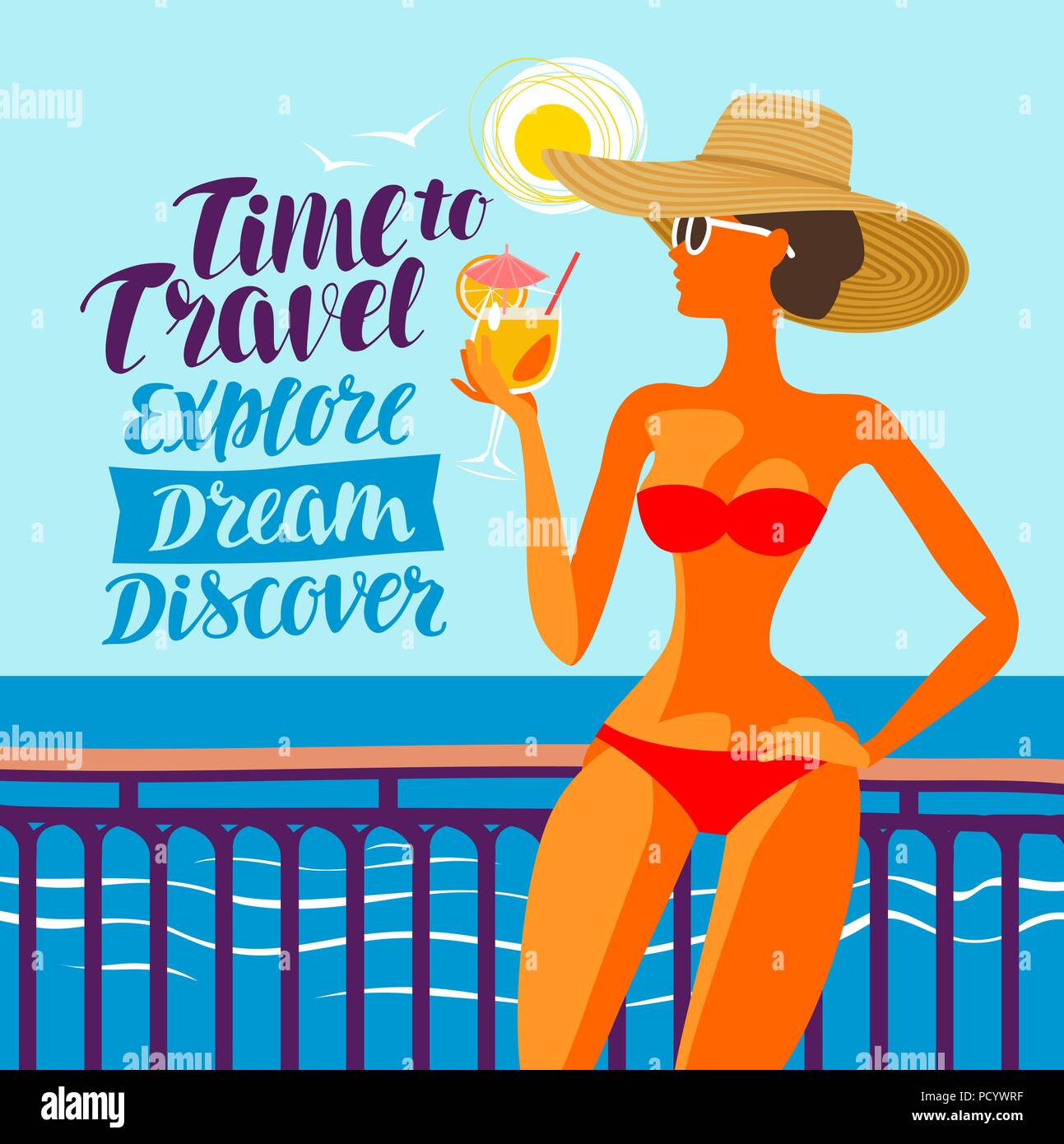 Schöne Mädchen auf Strand, Vector Illustration. Reisen, Reise Konzept Stock Vektor