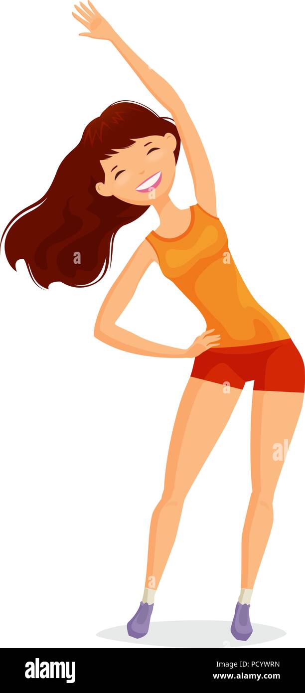 Fitness, Sport Cartoon. Mädchen oder Junge Frau in sportlicher Kleidung Übungen gekleidet. Vector Illustration Stock Vektor
