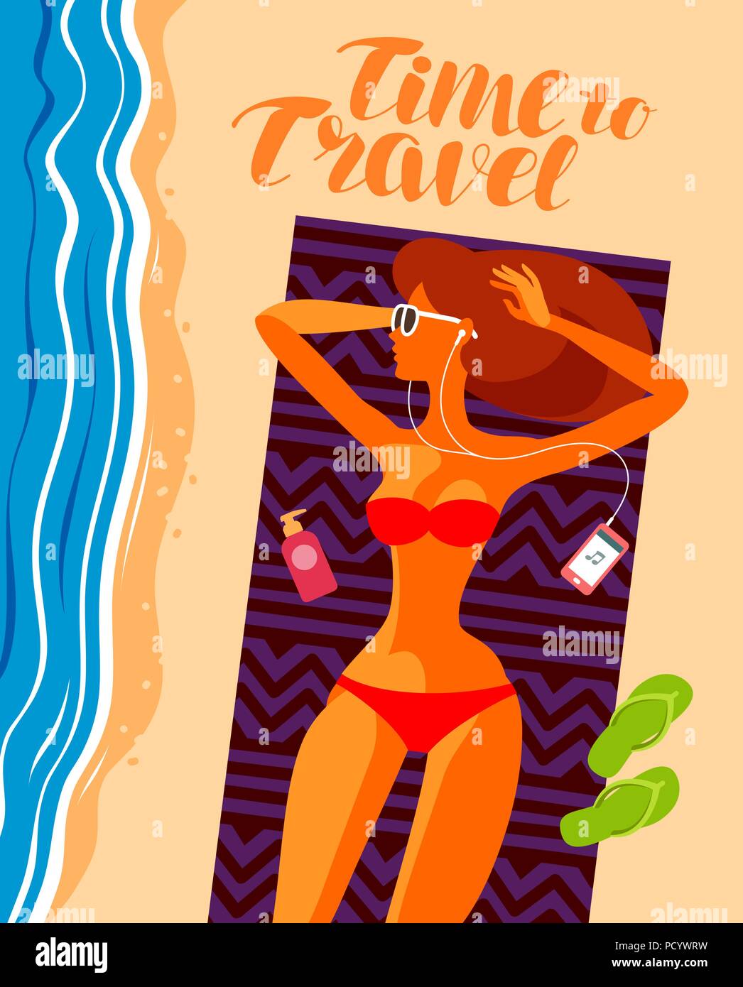 Reisen, Urlaub oder Entspannung Konzept. Schöne Mädchen, Sonnenbaden am Strand. Stock Vektor