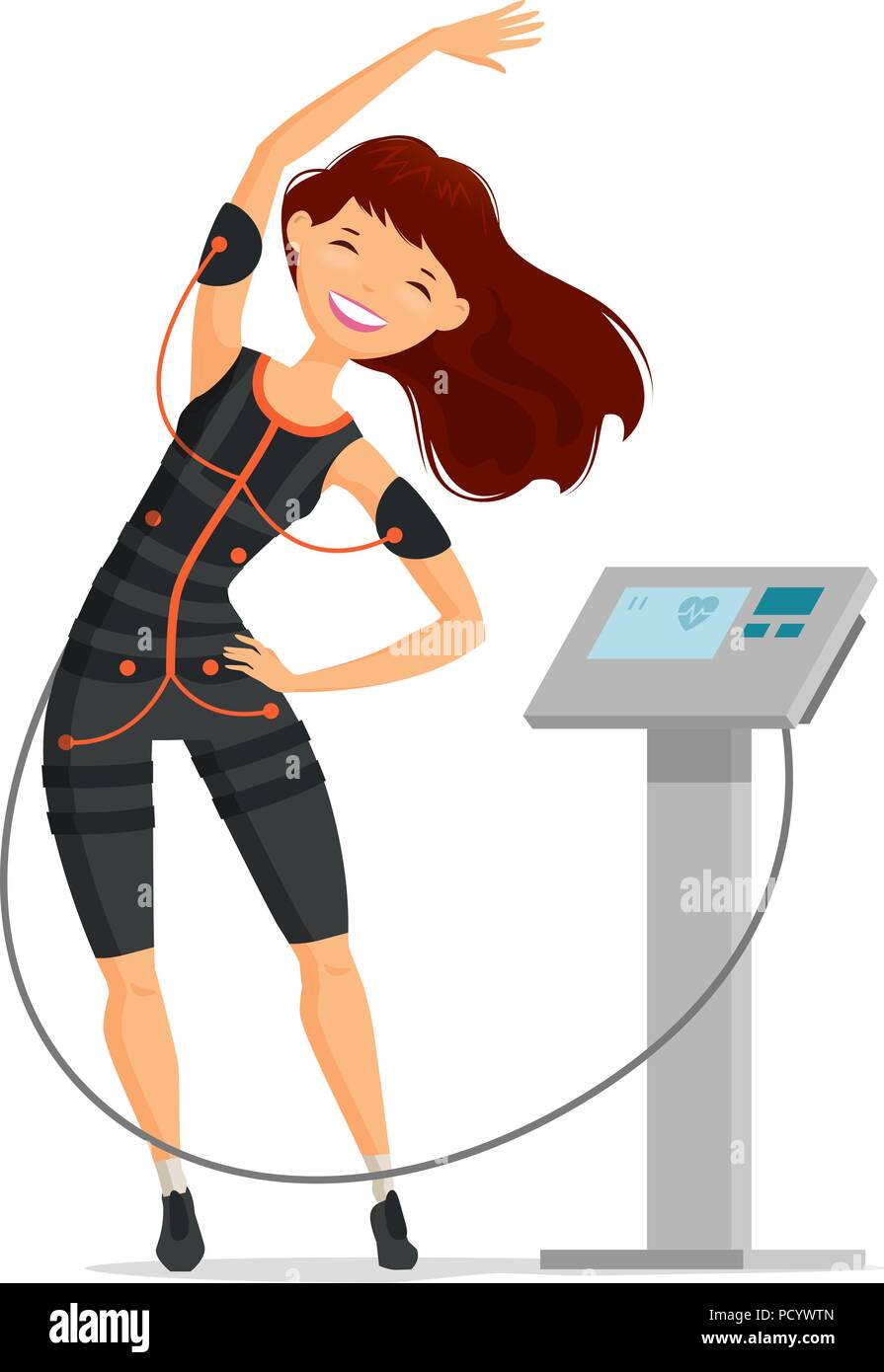 Ems-Training. Mädchen tun Fitness trainieren Sie im Fitnessstudio. Cartoon Vector Illustration Stock Vektor