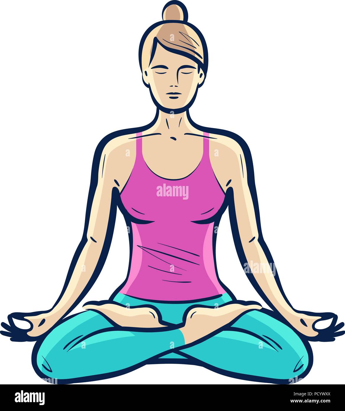 Glückliches Mädchen sitzen im Lotussitz. Yoga, Fitness Concept. Vector Illustration Stock Vektor