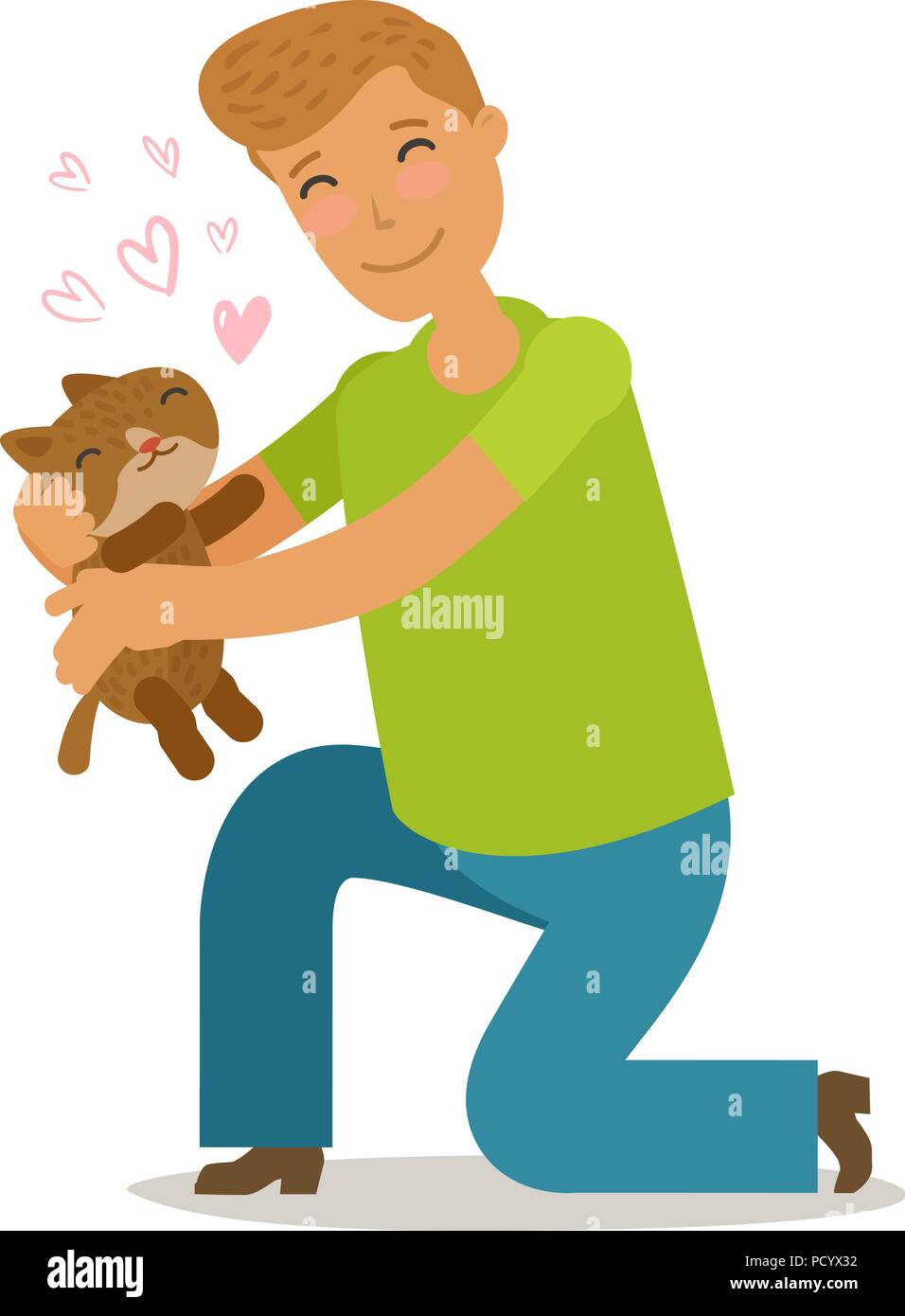 Pflege für Haustiere. Junge Mann hält eine niedliche streunende Kätzchen in seinen Händen. Cartoon Vector Illustration Stock Vektor