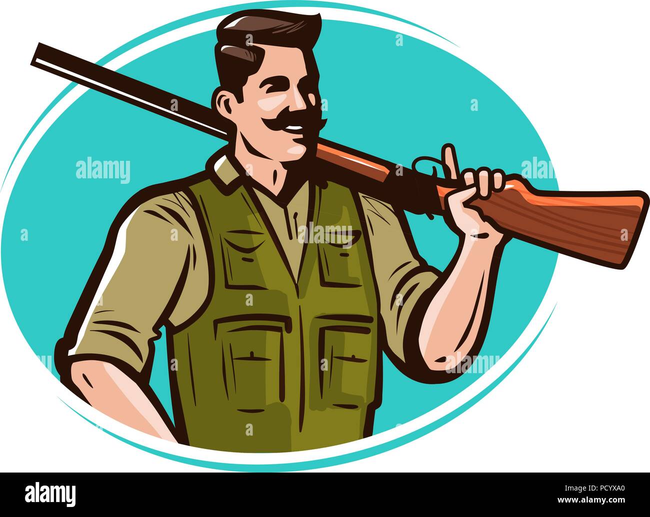 Jäger mit Gewehr auf der Schulter. Jagd cartoon Vector Illustration Stock Vektor
