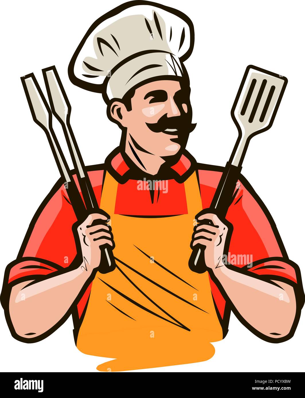 Koch oder Köchin gerne mit einem Grill Werkzeuge Zangen und Spachtel. Grill, Kebab zu essen. Cartoon Vector Illustration Stock Vektor