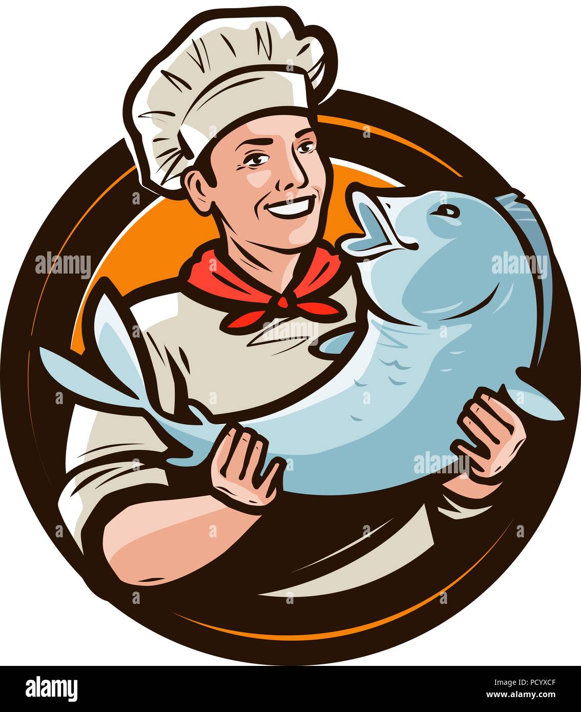 Gut gelaunt kochen mit Fisch. Meeresfrüchte, essen Logo oder Label. Cartoon Vector Illustration Stock Vektor