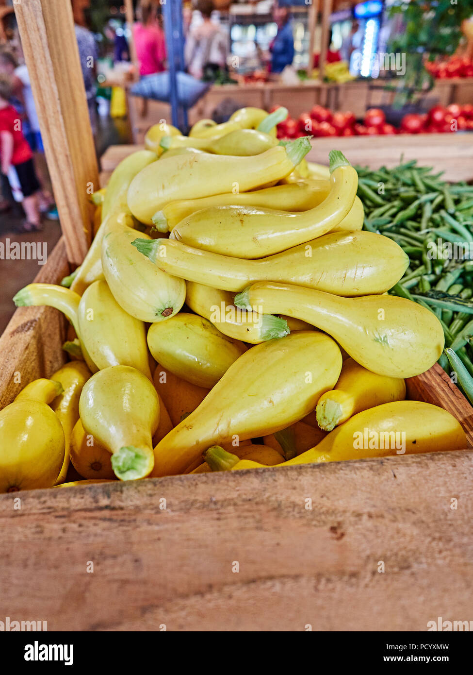 Gelbe Squash, grüne Brechbohnen und anderen frischen Gemüse auf der Anzeige für den Verkauf in einem strassenrand Farm oder Farmers Market in ländlichen Alabama USA. Stockfoto