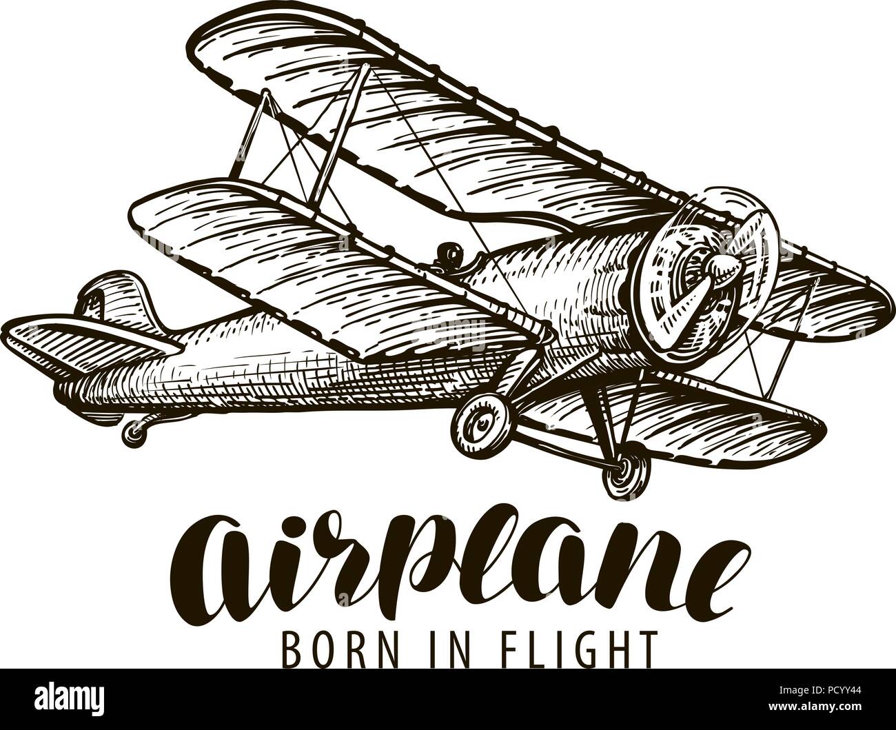 Fliegendes Flugzeug, Doppeldecker. Vintage Skizze Vector Illustration Stock Vektor
