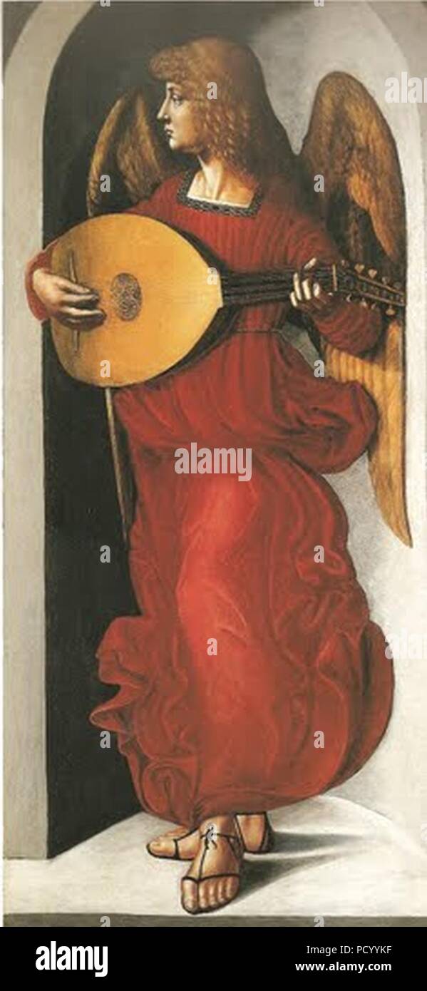 Ambrogio De Predis - Engel in Rot mit einer Laute. Stockfoto