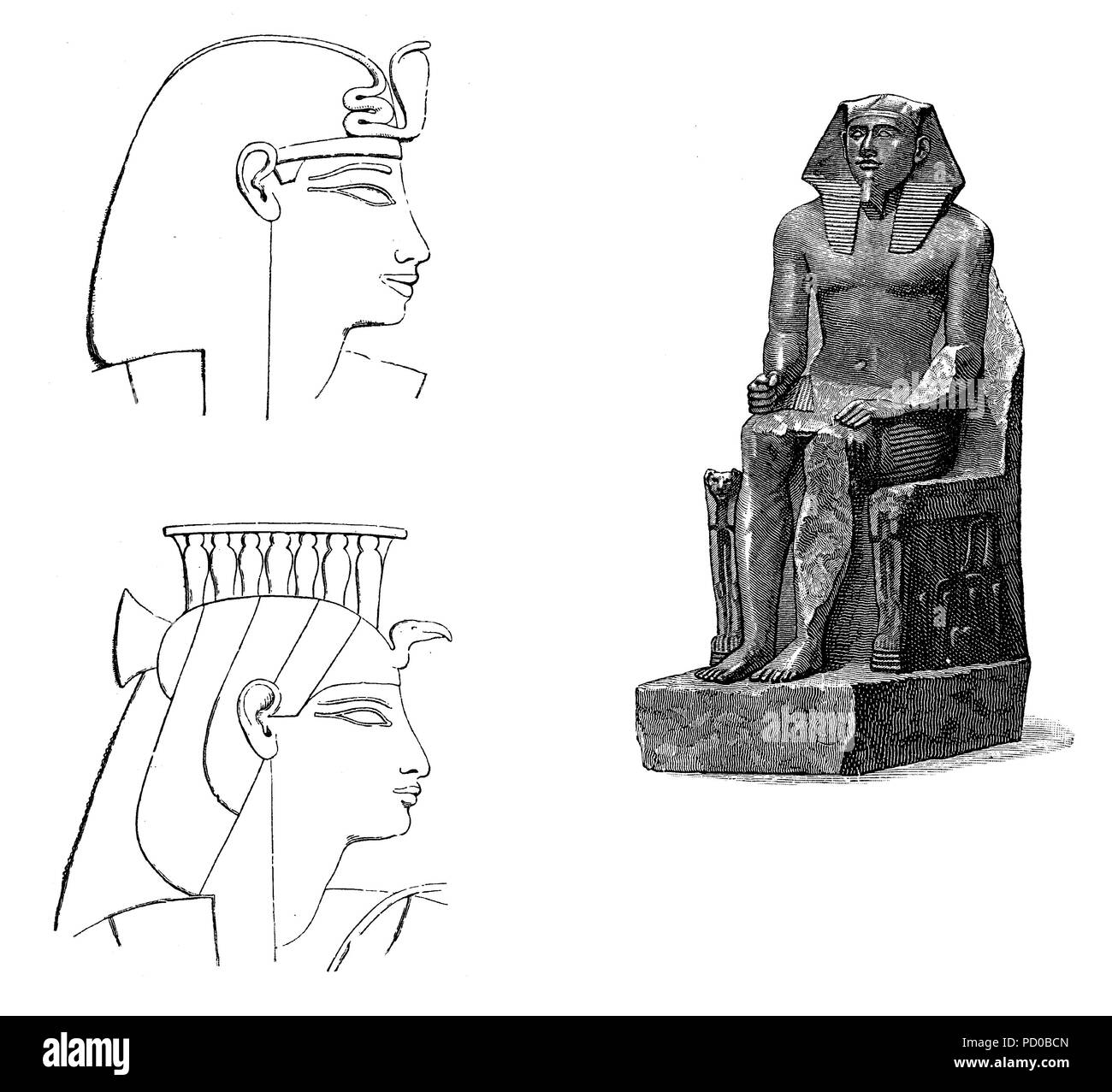 Das alte Ägypten: Statue des Khafre in diorit im Tal der Tempel von Khafra, Giza, Reliefs von ägyptischen Staats-, VINTAGE GRAVUR Stockfoto