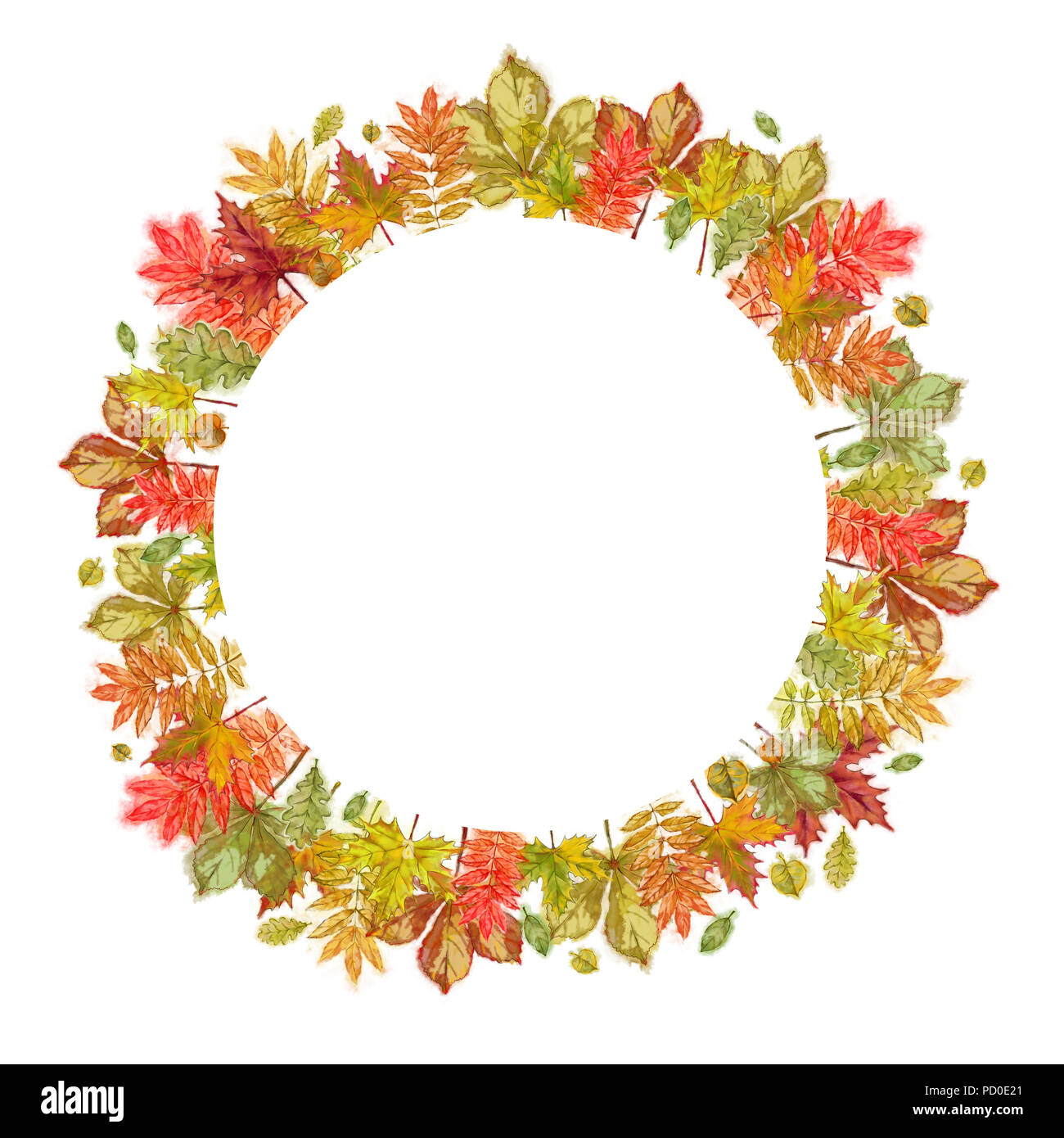 Blätter im Herbst Runde Kranz isoliert auf weißem Hintergrund. Aquarell botanischer Vorlage für Print, Ankündigung, Werbung, Karten und Notizen Stockfoto