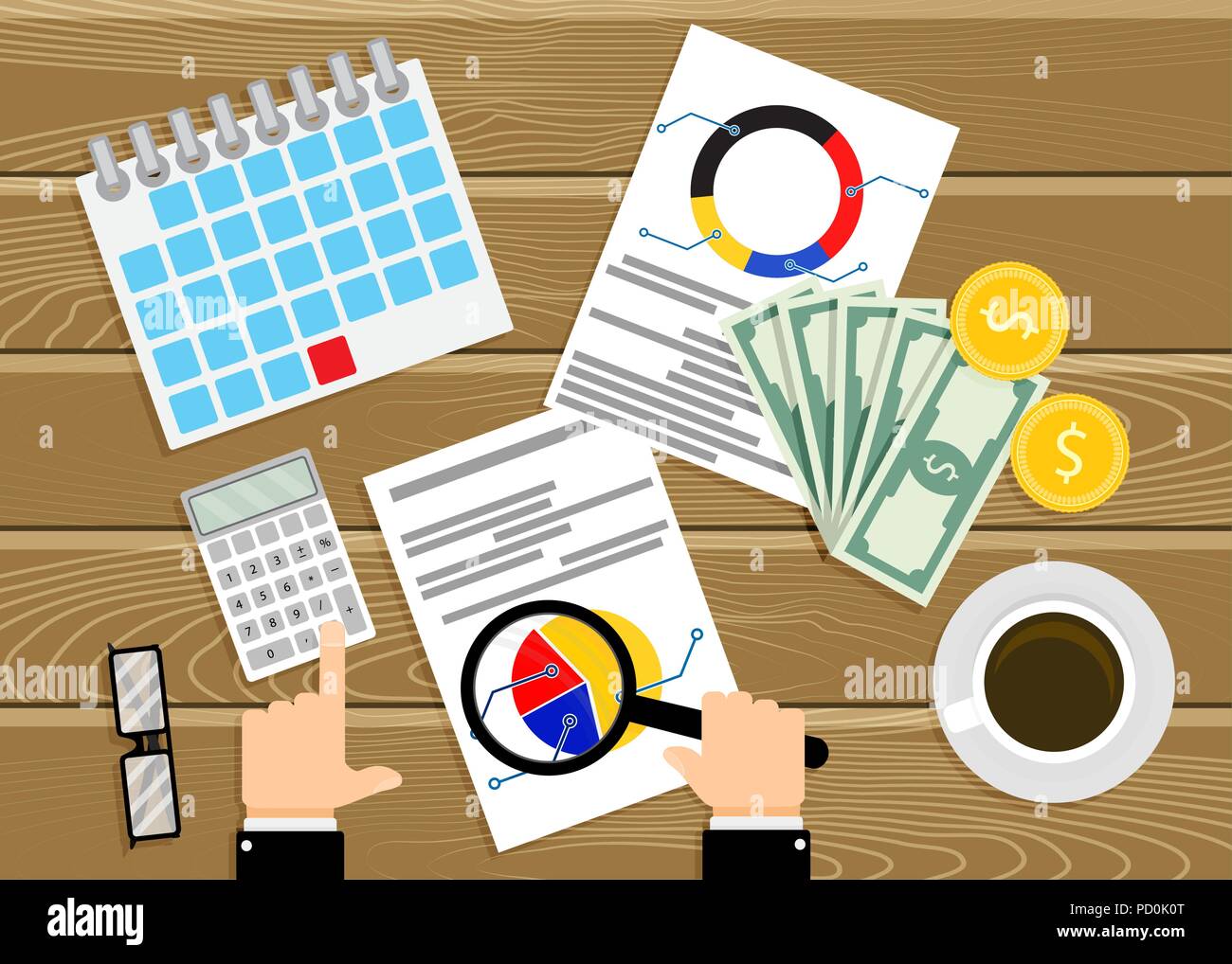 Financial Audit, Analyse von Infografiken. Mann mit Lupe Glas Berechnung Audit, Analyse Bericht Finanz-, Vektor, Abbildung Stock Vektor