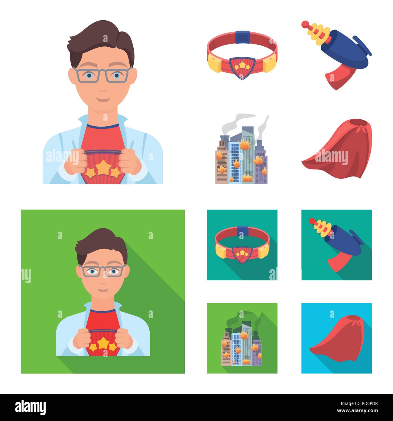 Mensch, Junge, Gläser und anderes Symbol in Cartoon, flacher Stil. Superman, Riemen, gun Symbole in Sammlung Stock Vektor