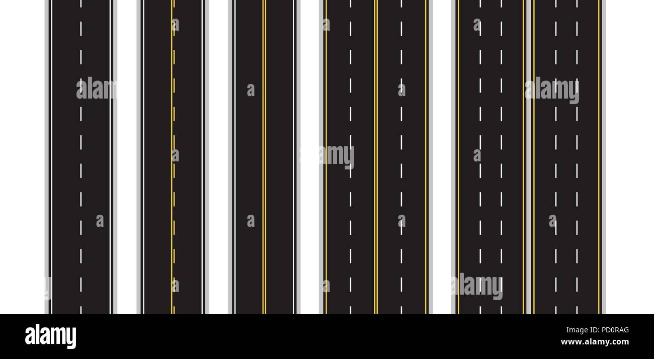 Satz von nahtlosen Fahrbahnmarkierung auf weißem Hintergrund isoliert. Ansicht von oben. Gerade Autobahn Infografik Vorlagen. Vector EPS 10. Stock Vektor