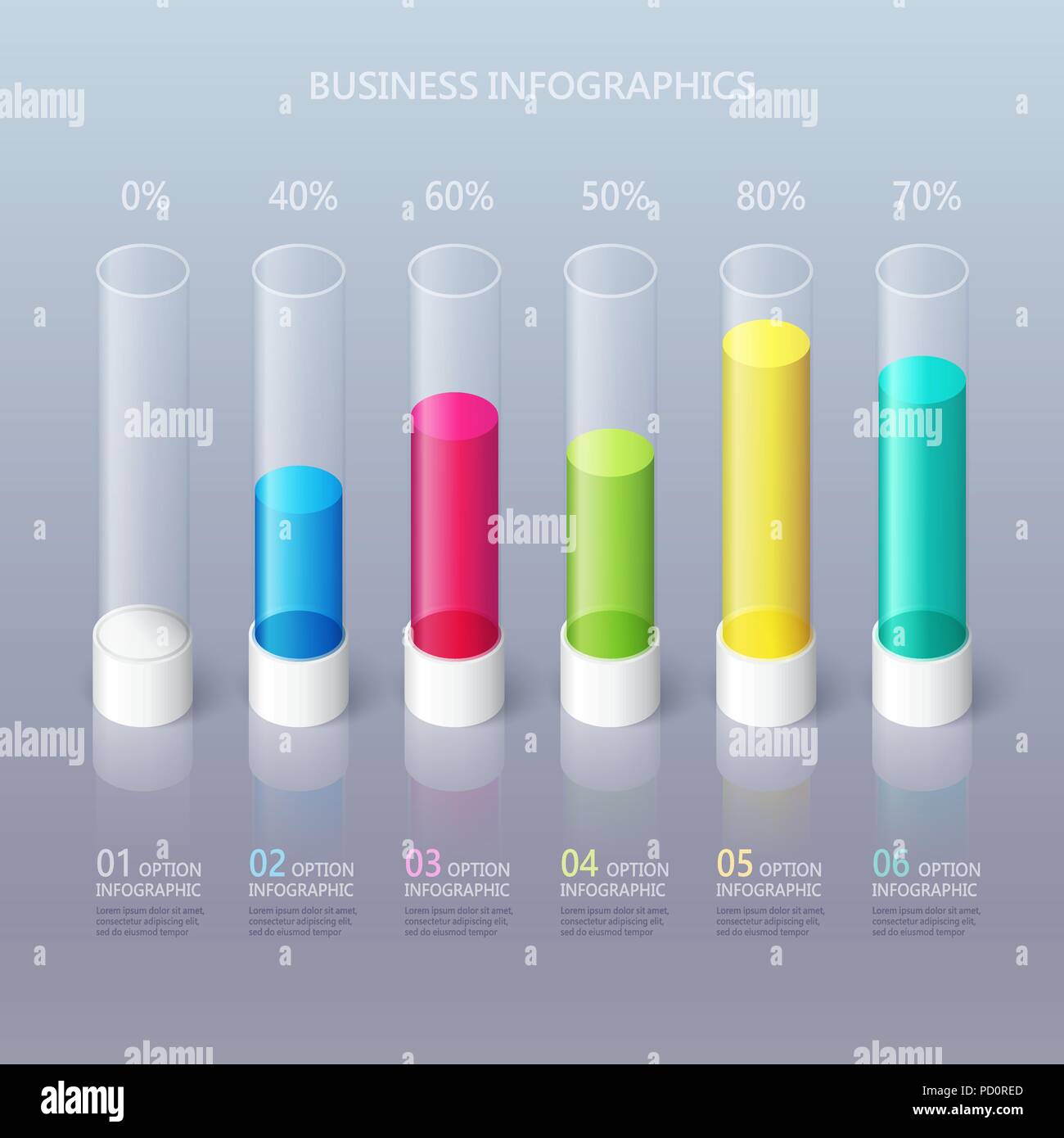 Modernen abstrakten 3D zylindrische Infografik Vorlage mit sechs Schritten Optionen. Business Prozentsatz Diagrammvorlage. Vector EPS 10. Stock Vektor