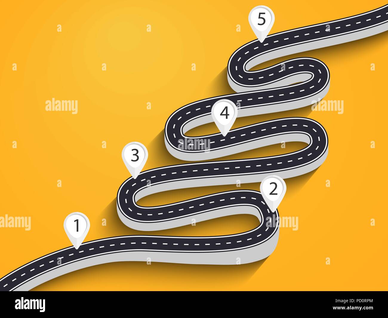 3D-gewundenen Straße auf einen farbigen Hintergrund. Straße Ort Infografik Vorlage mit Pin Pointer. Vector EPS 10. Stock Vektor