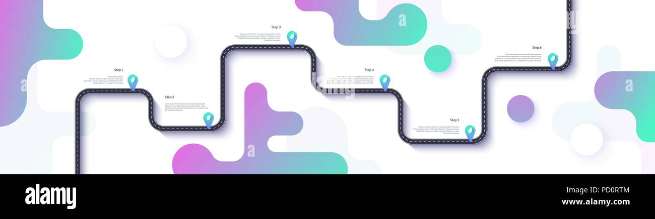 Road map und Route Infografiken Vorlage. Kurvenreiche Straße timeline Abbildung. Flache Vector Illustration. Eps 10. Stock Vektor