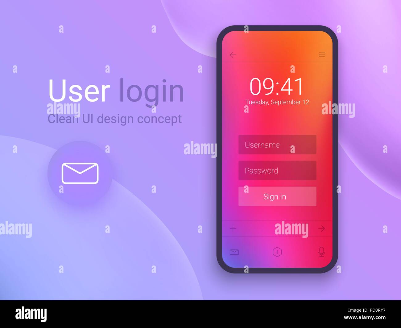 Clean Mobile UI Design Konzept. Login mit Passwort Fenster Formular. Trendy holographische Gradienten. Flache Web Icons. Vector EPS 10. Stock Vektor