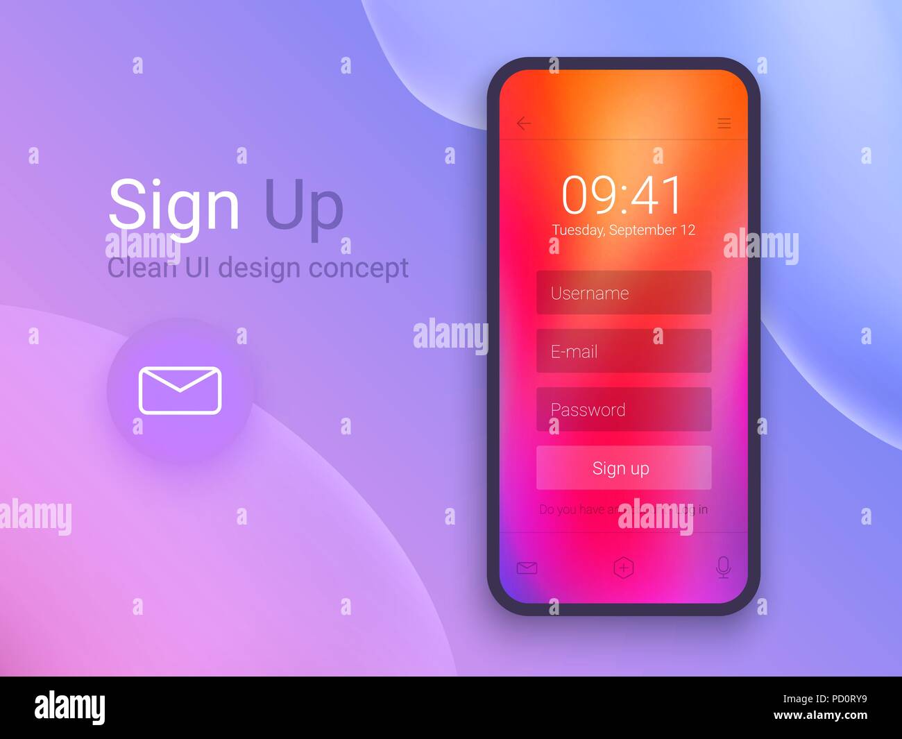 Melden Sie sich an. Clean Mobile UI Design Konzept. Programm mit Anmeldeformular Fenster. Trendy holographische Gradienten. Flache Web Icons. Vector EPS 10. Stock Vektor