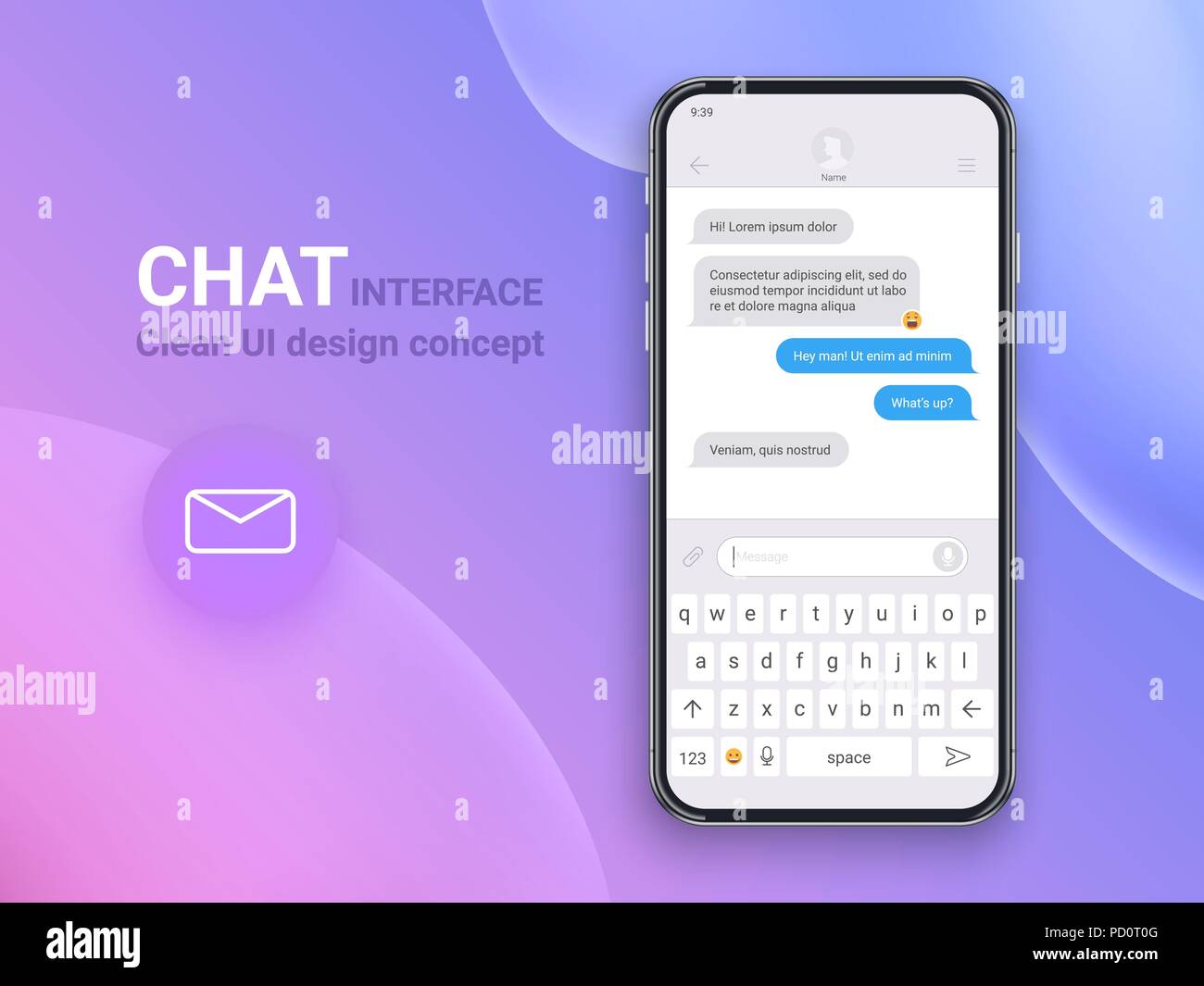 Chat Schnittstelle Anwendung mit Dialog Fenster. Clean Mobile UI Design Konzept. Sms Messenger. Flache Web Icons. Vector EPS 10. Stock Vektor