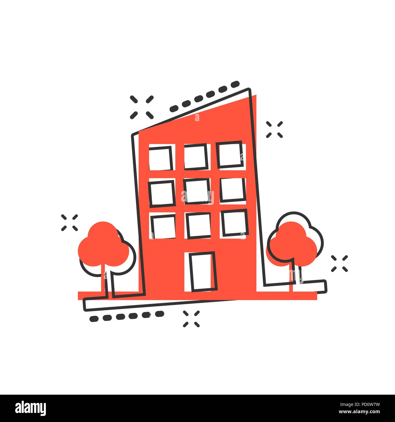 Vektor cartoon Gebäude mit Bäumen im Comic Stil. Haus Zeichen Abbildung Piktogramm. Aufbau von Business splash Wirkung Konzept. Stock Vektor