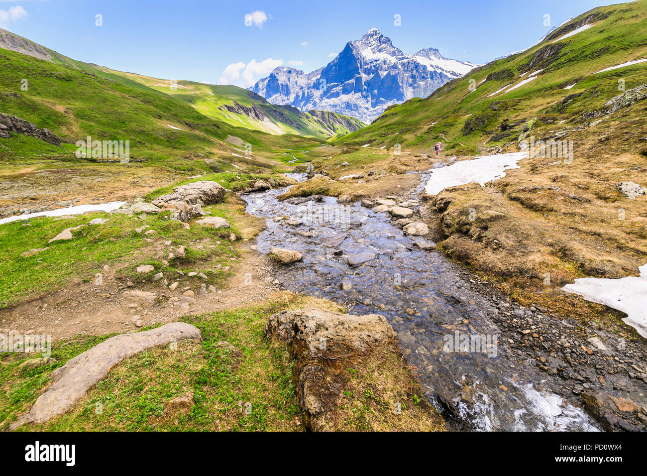 Blick auf einem klaren Gebirgsbach in Richtung Eiger aus, Bachalpsee Grindelwald-First, Jungfrau Region des Berner Oberlandes Alpen, Schweiz Stockfoto