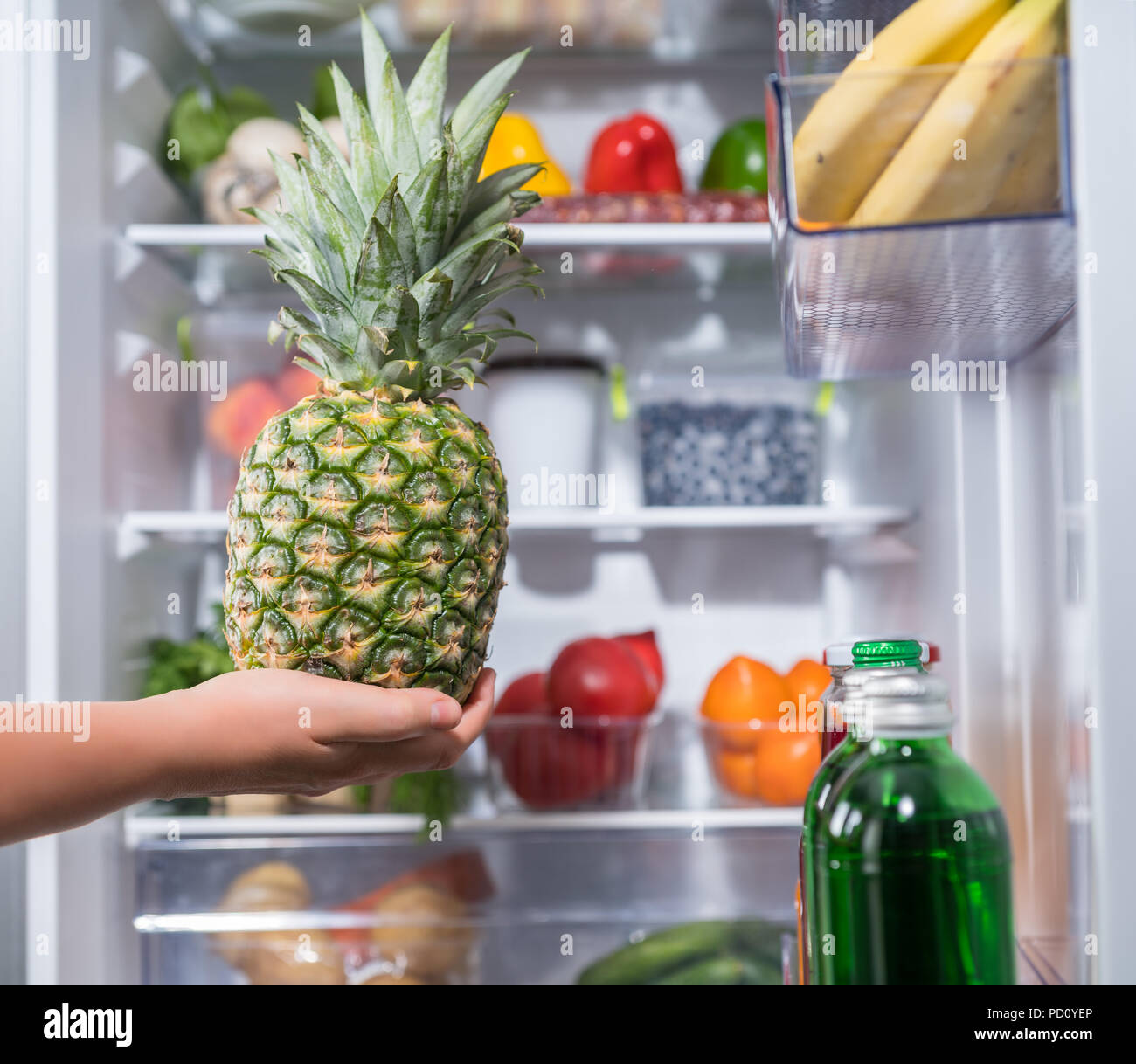 Hand frische Ananas gegen offene Kühlschrank voller Essen Stockfotografie -  Alamy