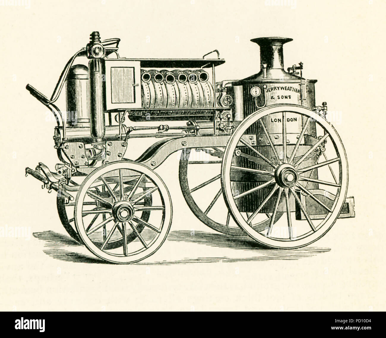 Diese Abbildung stammt aus dem Jahr 1870 und zeigt Merryweather's Dampf Fire Engine. Merryweather & Söhne war ein 1800 die Kanzlei in der Clapham (später Greenwich)" in London, dass Dampf Feuer Motoren und Dampf tram Motoren produziert. Sie hatten vertikale Kessel (wie hier dargestellt), dass sie auf eine Plattform, die von Pferden gezogen wurde. Es verbessert Feuer Druck - ideal für die Bekämpfung von Bränden. Stockfoto