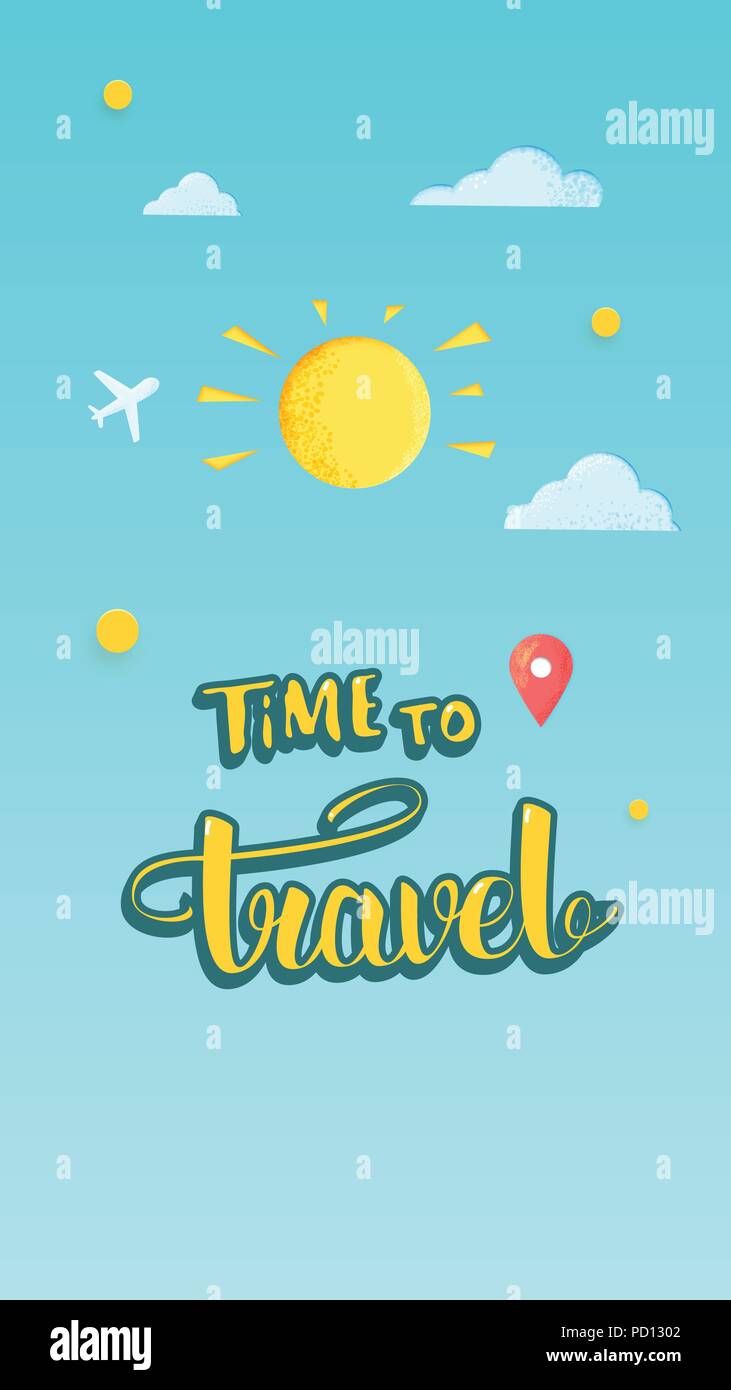 Zeit Komposition für Social Media Netzwerken zu reisen. Handschriftliche Beschriftung mit Dekoration. Vertikale Vorlage für Sommer Design. Vector Illustration Stock Vektor