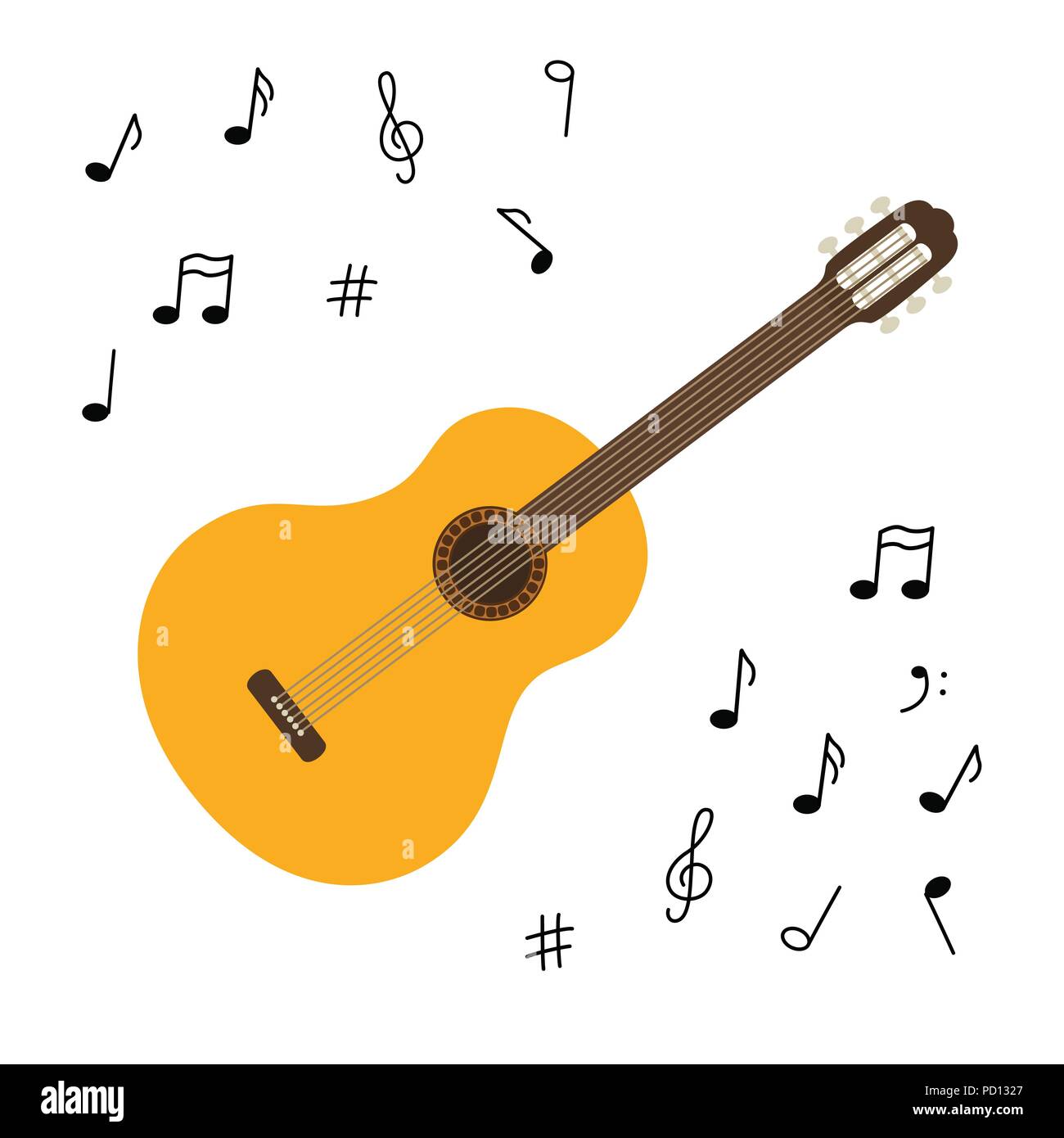 Klassischen Holz- Gitarre. String gerupft Musikinstrument. Kleine akustische Gitarre oder Ukulele. Rock oder Jazz. Aufkleber mit Kontur. Stock Vektor