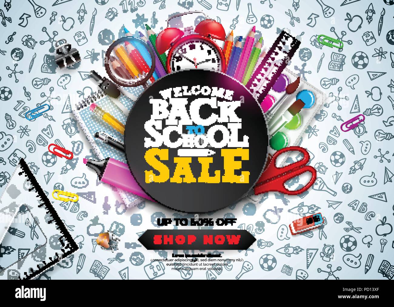 Zurück zu Schule Verkauf Design mit bunten Bleistift, Wecker und andere Schule Produkte auf der Hand gezeichnet Doodles Hintergrund. Vektor Schule Abbildung mit Typografie für Coupon, Gutschein, Banner, Flyer, Werbemittel, Poster oder Grußkarte. Stock Vektor