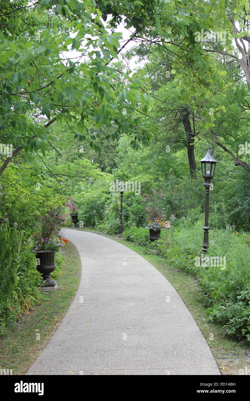 Ein malerischer Pfad, der sich durch den mit Straßenlaternen gesäumten Sommerpark schlängelt. Stockfoto