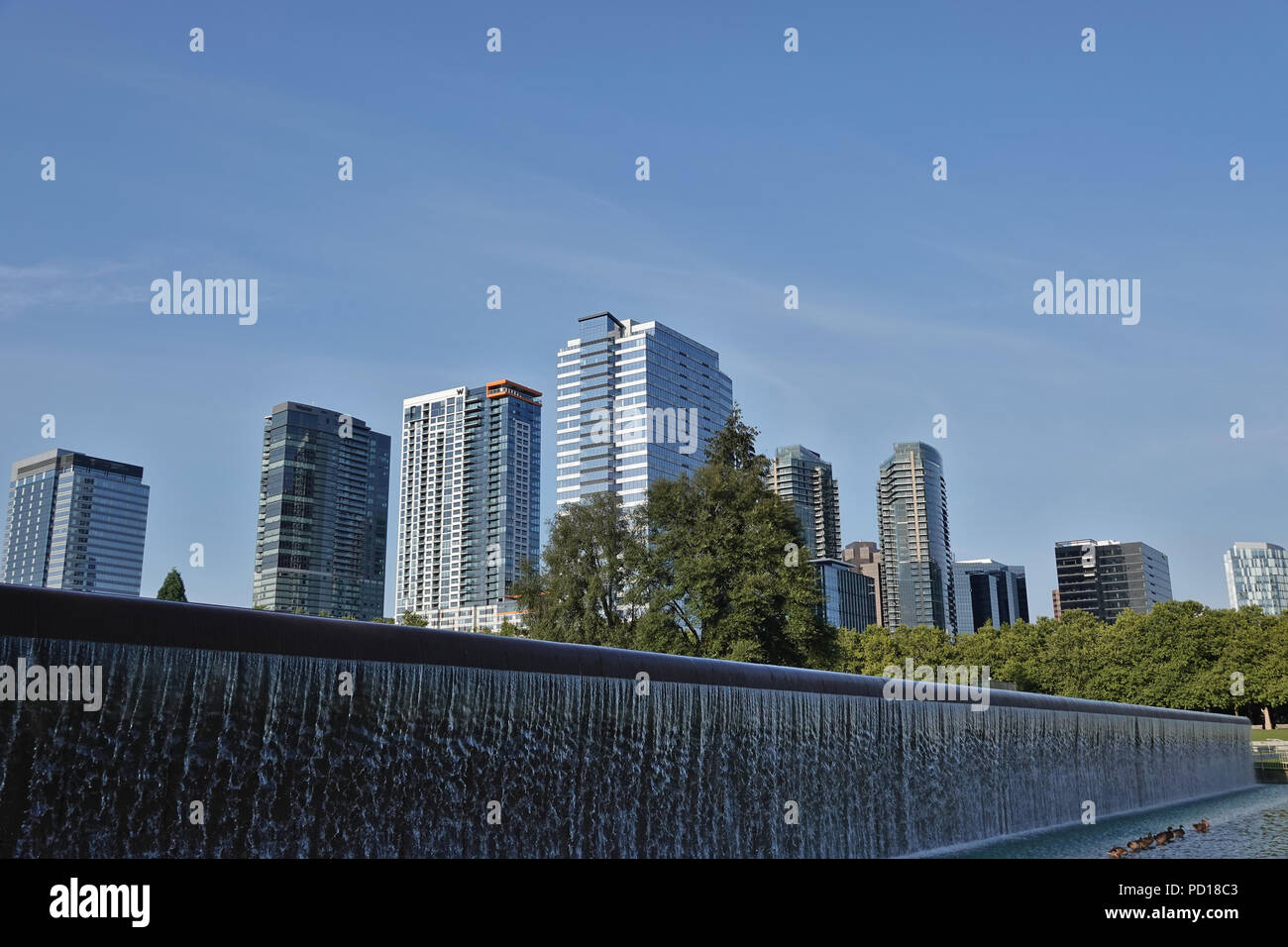 Blick auf die Wolkenkratzer von downtown Bellevue Bellevue Downtown Park, August 2018 Stockfoto