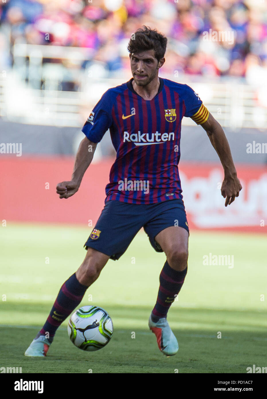 Santa Clara, CA USA. 04 Aug, 2018. FC Barcelona #09 Munir el Haddadi den ball Feld bringt während der internationalen Meisterschaft cup Spiel zwischen A.C. Mailand und FC Barcelona 0-1 bei Levi Stadion Santa Clara, Calif. Thurman James/CSM/Alamy Leben Nachrichten verloren Stockfoto