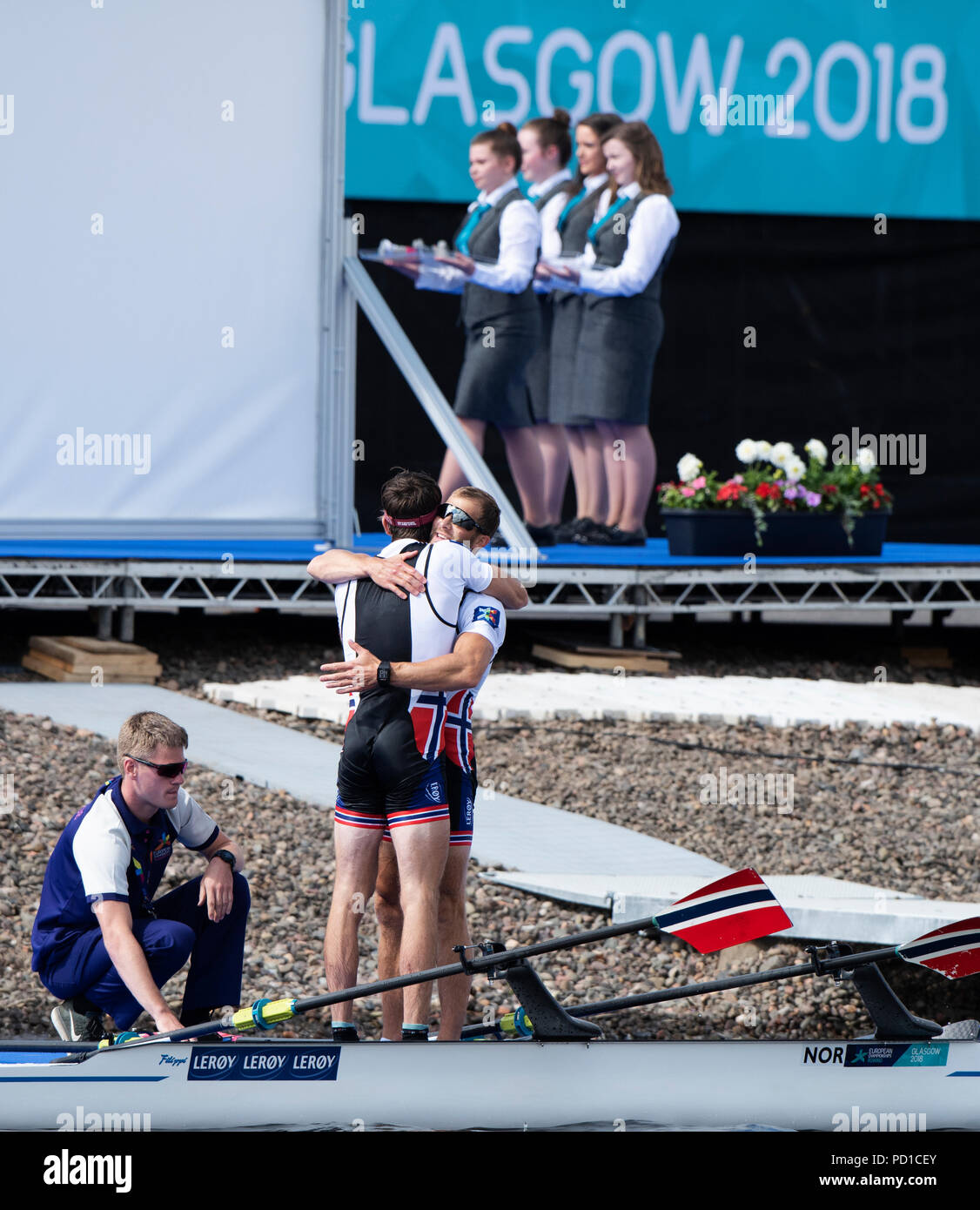 Glasgow, Schottland, Sonntag, 5. August 2018, endgültige Lightweight Men's Double Sculls, Goldmedaillengewinner, NOCH LM2X, Bug, Kristoffer BRUN und sind STRANDLI, europäische Spiele, Rudern, Strathclyde Park, North Lanarkshire, © Peter SPURRIER/Alamy leben Nachrichten Stockfoto