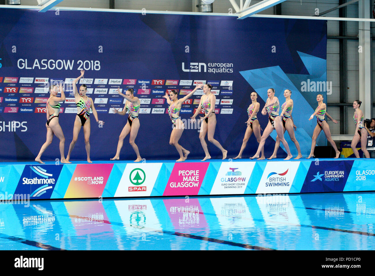 Glasgow, UK. 5. August 2018. Europäische Meisterschaften Synchronschwimmen Scotstoun. Ukraine gewinnen die Kombination freier Routine Gold. Italien nahmen Silber, während Spanien Bronze gewann. Credit Alan Oliver/Alamy leben Nachrichten Stockfoto