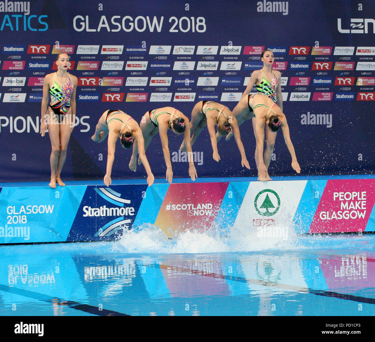 Glasgow, UK. 5. August 2018. Europäische Meisterschaften Synchronschwimmen Scotstoun. Ukraine gewinnen die Kombination freier Routine Gold. Italien nahmen Silber, während Spanien Bronze gewann. Credit Alan Oliver/Alamy leben Nachrichten Stockfoto